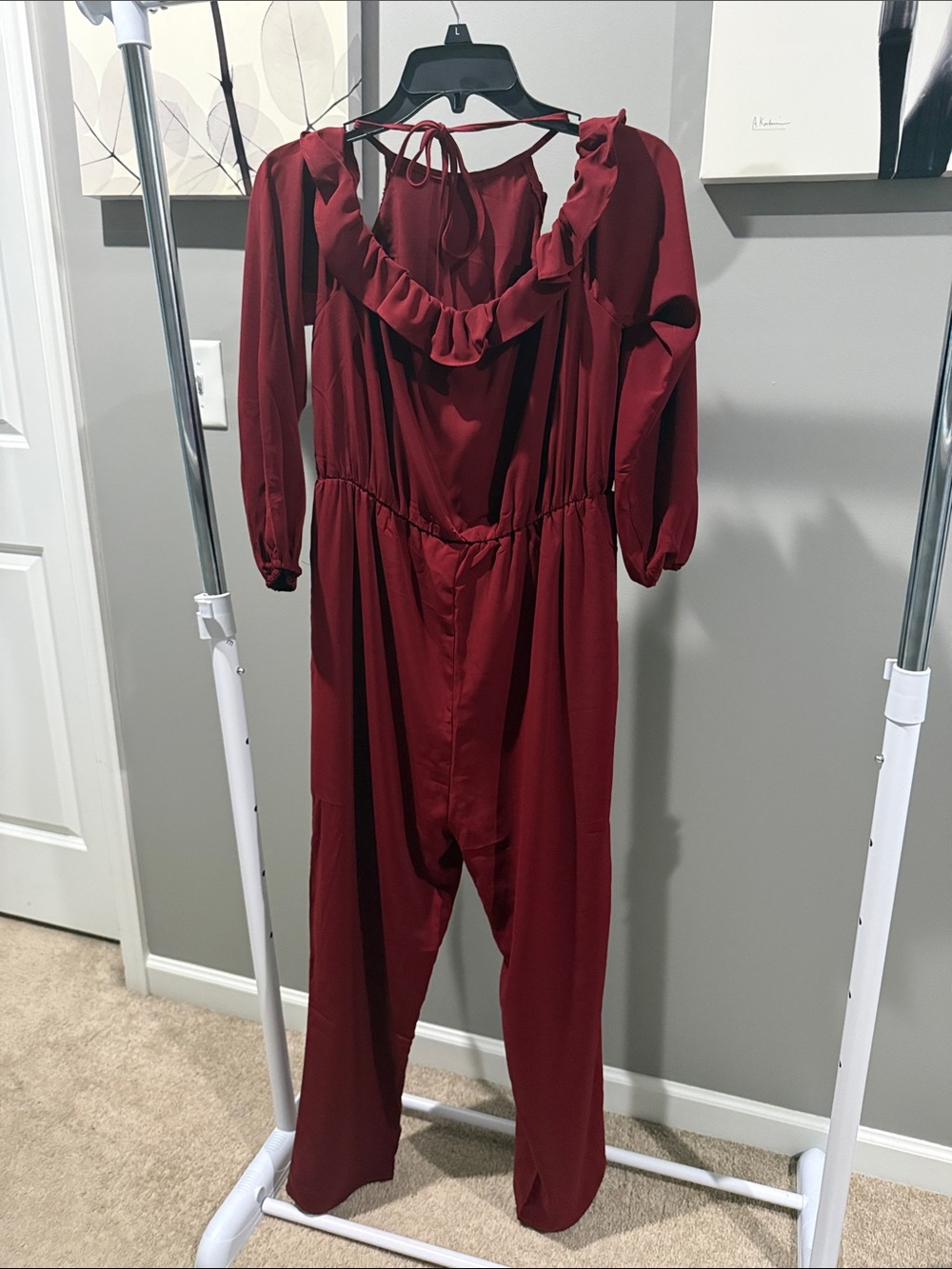 Promesa Burgundy Ruffle Cold Shoulder Tapered Jumpsuit Romper Size L